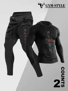 Men's Hooded Long Sleeve T-Shirt + Faux Two-Piece Pants Set, Athletic Activewear Tracksuits, Casual Fall & Winter, Moderate Fabric, Fitted Style