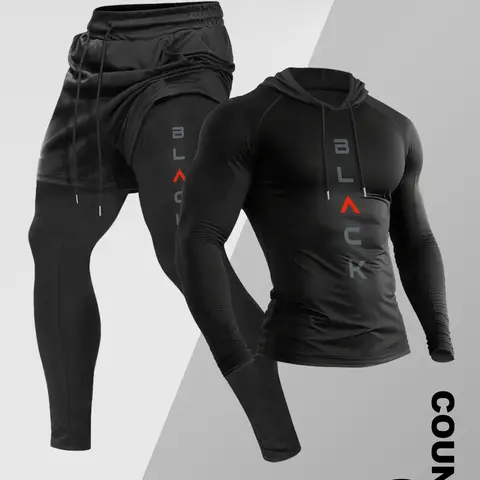 Men's Gym Hooded Long Sleeve T-Shirt + Faux Two-Piece Pants Set, Casual Sporty Set, Athletic Clothes Set, Casual Athletic Tracksuits Fall & Winter, Moderate Fabric, Fitted Style, Sportswear Set, Athletic Workout Outfit