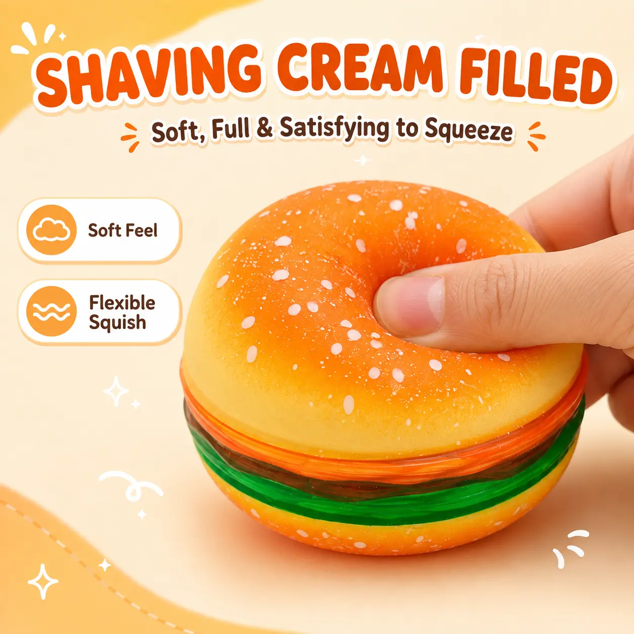 Mini Hamburger Shaving Cream Filled Squishy Toy, Soft Elastic Burger Squeeze Toy with Light Bounce, Cute Sensory Fidget Toy, Stress Relief Desk Toy for Teens and Adults