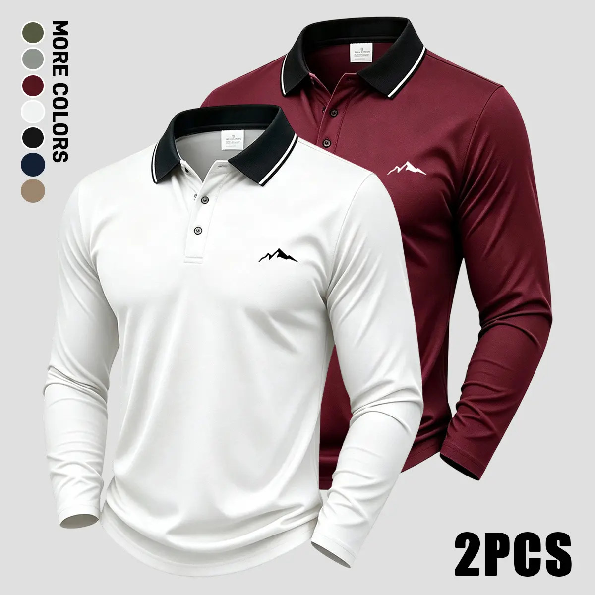 Men’s two-pack solid-color casual polo shirts with mountain peak print, fashionable and trendy, loose fit, comfortable, breathable, moisture-wicking, suitable for all seasons, ideal for office, home, work, outings, leisure, and everyday activities.
