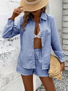 Nautical Coastal Blue Striped Vacay Shirt & Shorts Matching Two-Piece Set Lazy Yacht Vibe Blue Striped Resort Shirt + Shorts Co-ord Set Ins Sea Salt Relaxed Vibe Blue Striped Beach Getaway Two-Piece Set