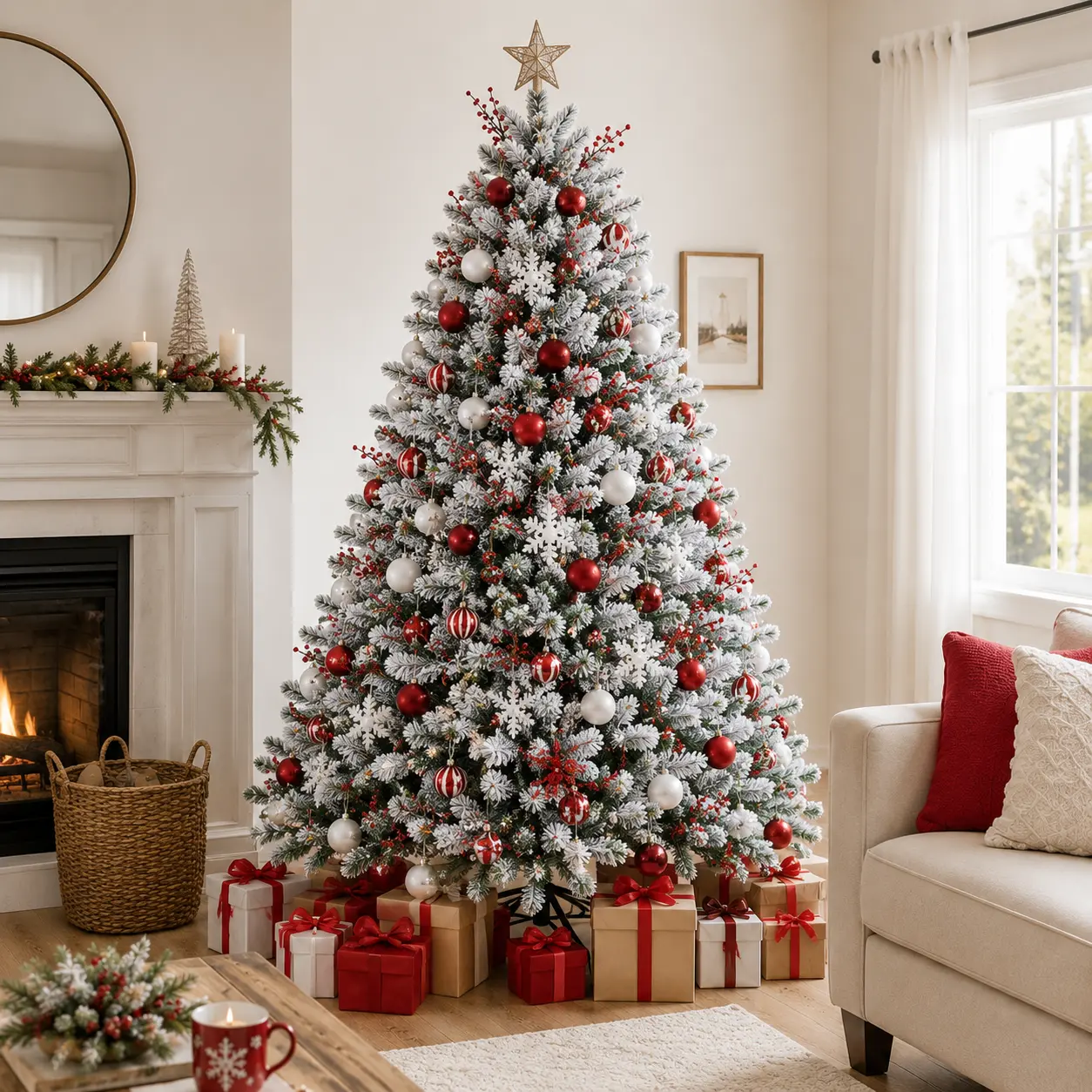 【Led Lights】Costoffs Flocked Artificial Christmas Tree with Warm White Lights, 4.5/6/7.5/9/12ft Hinged Metal-Steel Floor Mount Decor, 21.7 lb/35 lb Festive Home Decoration for Living Room, Apartment