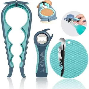 Jar Opener for Weak Hands, Seniors with , 5 in 1 Multi Function Bottle Opener Lid Opener For  Hands with Non Slip Rubber Jar opener Gripper Pad and Corkscrew  Opener(BLUE)