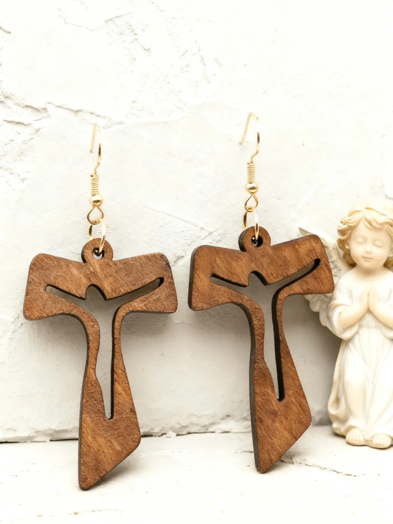 Women's Geometric Cross Laser Cut Wooden Earrings, Durable Kc Ear Hooks, Anti-Allergy Hypoallergenic Religious Jewelry for Daily Wear & Special Occasions