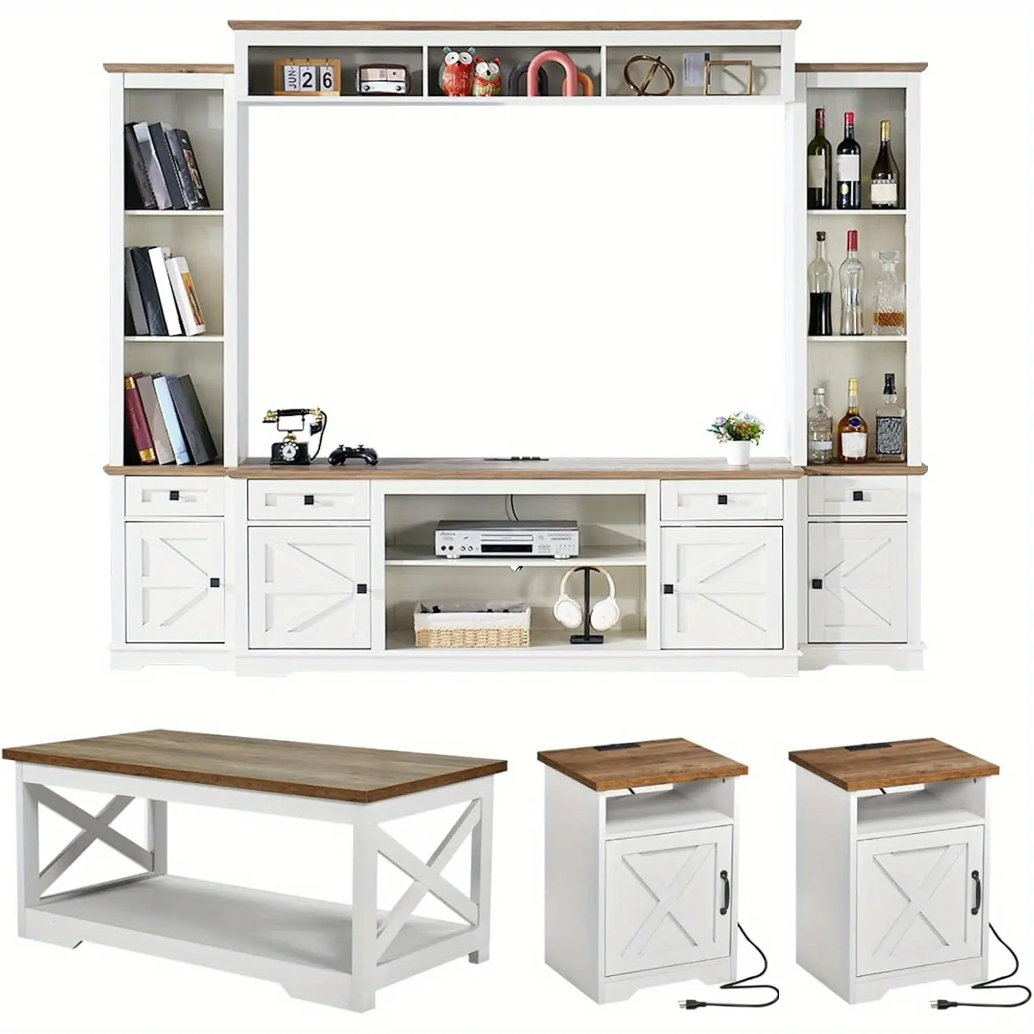 4pcs Living Room Table Sets, 98" Farmhouse Wall Unit TV Stand with Bookshelves& Wine Cabinet, Coffee Table& 2 End Tables with Charging Station and USB Ports