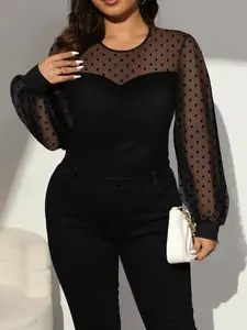 Women's Plus Size Polka Dot Long Sleeve Jumpsuit, Casual Fitted One-Piece Romper for Home & Outdoor Wear, Comfortable Stretchy Knit Fabric, Stylish Design