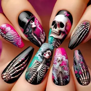 24pcs Long Ballerina Nails, Western Punk Style Halloween Nail Art, Design, Ready-Made False Nails for Women