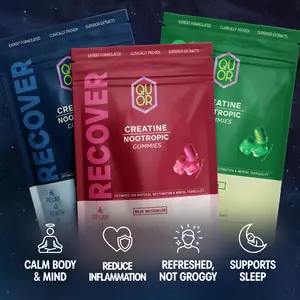 QUOR Recover Creatine HCl Gummies | Vegan Melatonin-Free Nighttime Nootropic Supplement | Magnesium Glycinate, Lion’s Mane & Chamomile | Supports Sleep, Muscle Repair & Relaxation, 60 ct