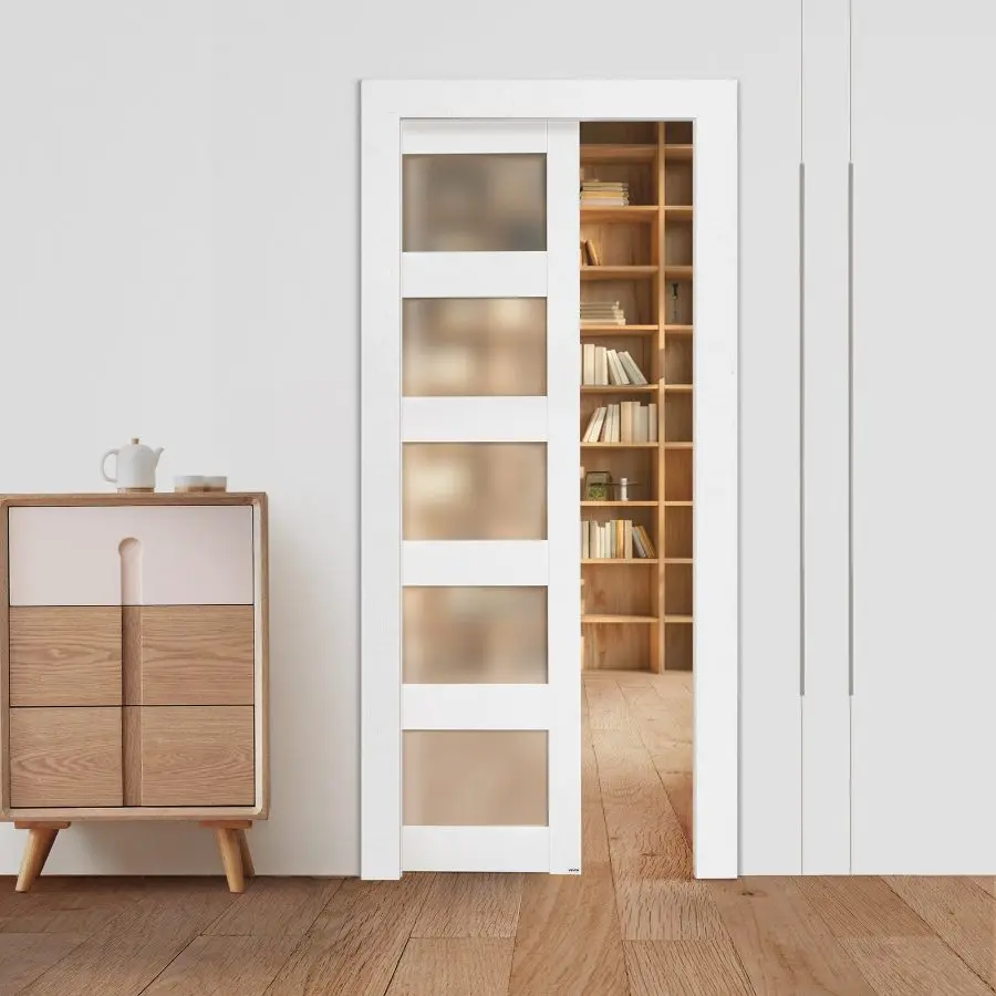 VEVOR Sliding Pocket Door, 36x 80, 5-Lite Frosted Glass Single Sliding Door with Hardware Kit, Sturdy Solid Wood MDF Pocket Doors Slab with Waterproof Surface for Bedroom Kitchen Study Room