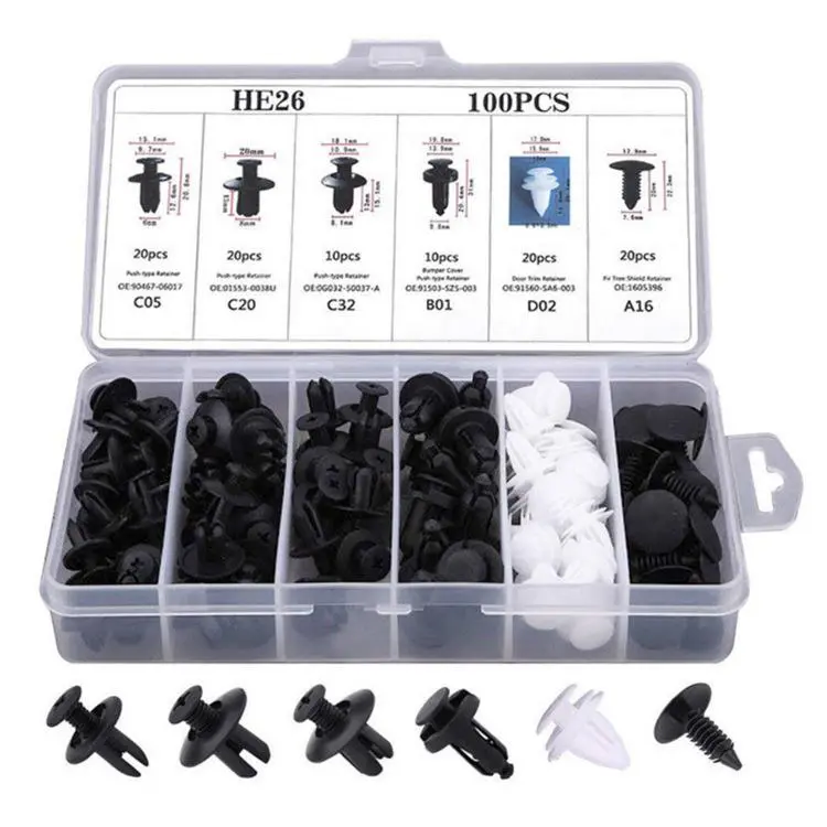 HE26 100-Piece Universal Automotive Expansion Screw Clip Set - Auto Repair Tools with 6 Types (A16,B01,C05,C20,C32,D02) for Door Panel, Leaf Plates, Expansion Fix, Car Enthusiasts, 6 Types Of Clips
