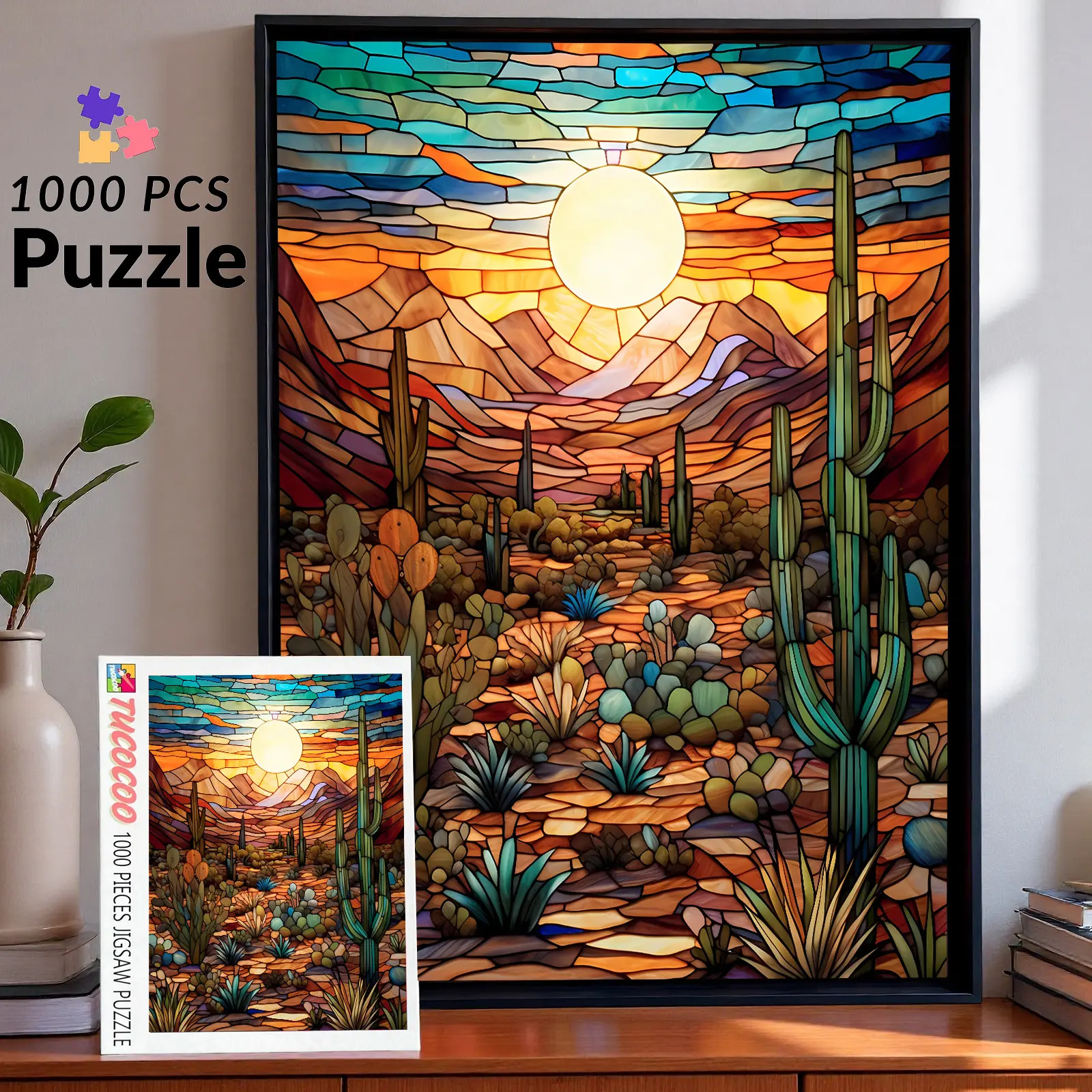 Desert Sunset Cactus 1000 Pieces Jigsaw Puzzle, Stained Glass Landscape Art for Adults, Relaxing Brain Challenge and Family Game, Perfect Gift and Wall Decor, Size 27.5x20inch(70x50cm)