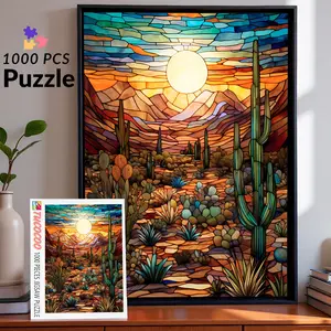Desert Sunset Cactus 1000 Pieces Jigsaw Puzzle, Stained Glass Landscape Art for Adults, Relaxing Brain Challenge and Family Game, Perfect Gift and Wall Decor, Size 27.5x20inch(70x50cm)