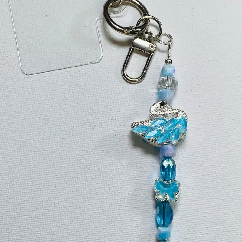 Blue Crystal Swan Keychain with Beaded Design and Secure Clip for Bags and Keys