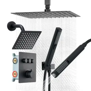 Shower Faucet Set, 12-Inch Thermostatic Ceiling Mount Rainfall Shower System, 6-Inch Wall-Mount Head, 2-In-1 Handheld Spray, 3-Function Dual Rain Head, Brass Valve And Trim Kit, Matte Black