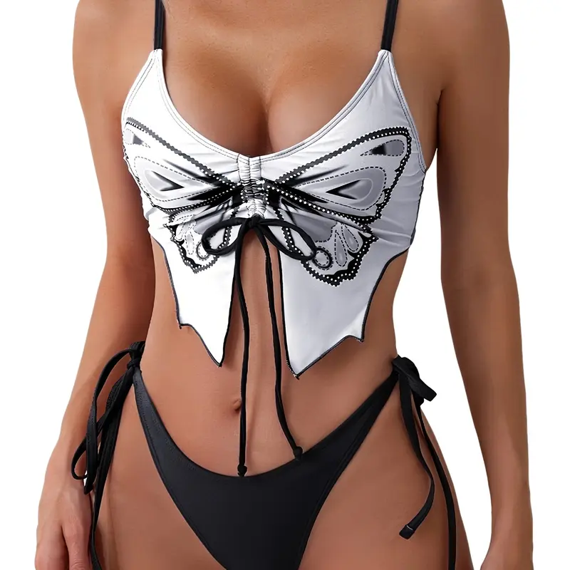 New Two-Piece Set Women's Summer Beach Bikini, Butterfly Print, Sexy Fashion, Fresh and Cute, European and American Style, Bikinis Set