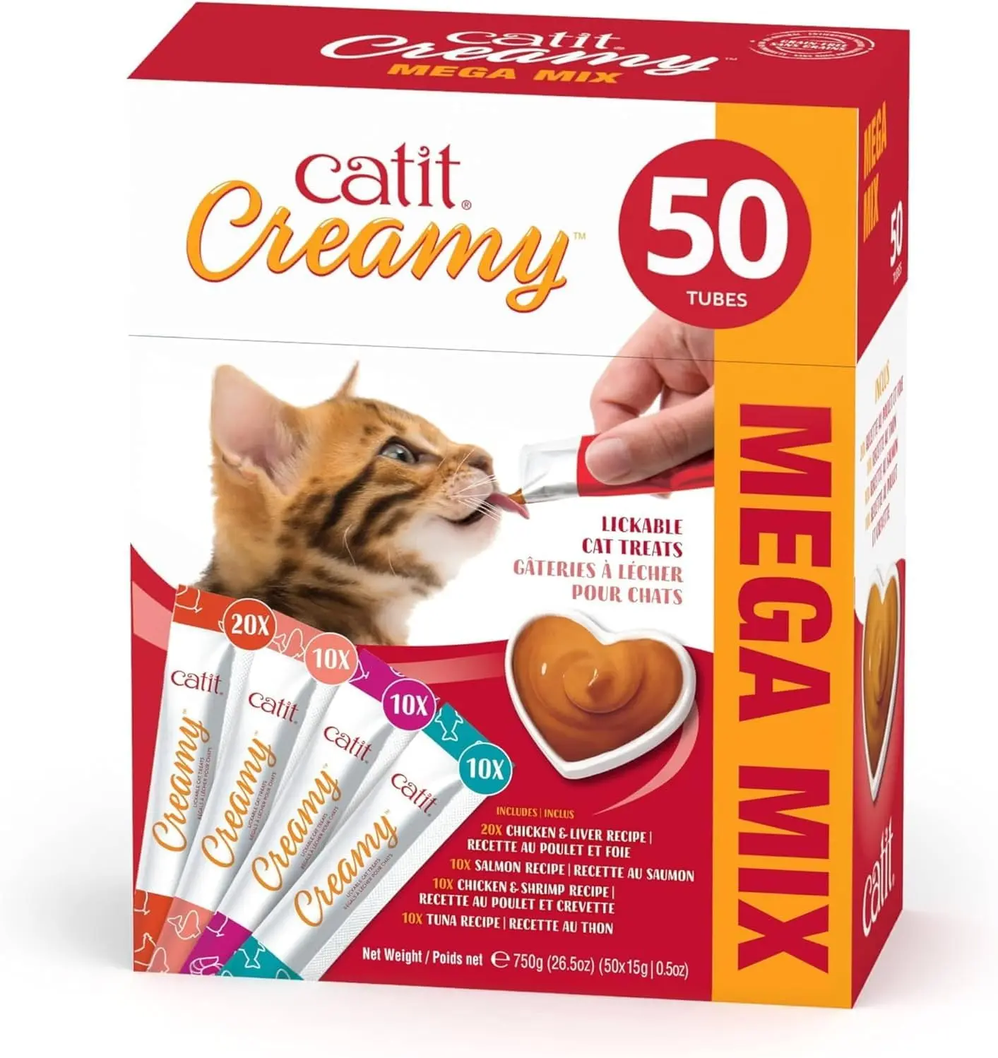 Catit Creamy Lickable Cat Treat, 50 Pack | Healthy Variety of Flavors, 50 Pack, Hand-Feed or Serve, Nutrient-Rich Squeeze Tube