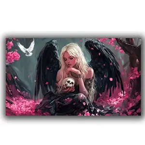 DIY Large Size Fantasy Wings Angel Skull Girl Diamond Painting Kit, Full Round Diamond Mosaic for Beginners, Aesthetic Home Decor