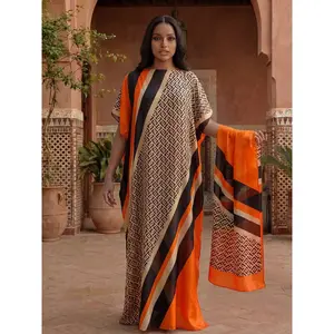 Women's Striped Long Dress Robe Set – Hooded Shawl & Silk Scarf, Casual Beach Cover-Up with Sun Protection for Summer