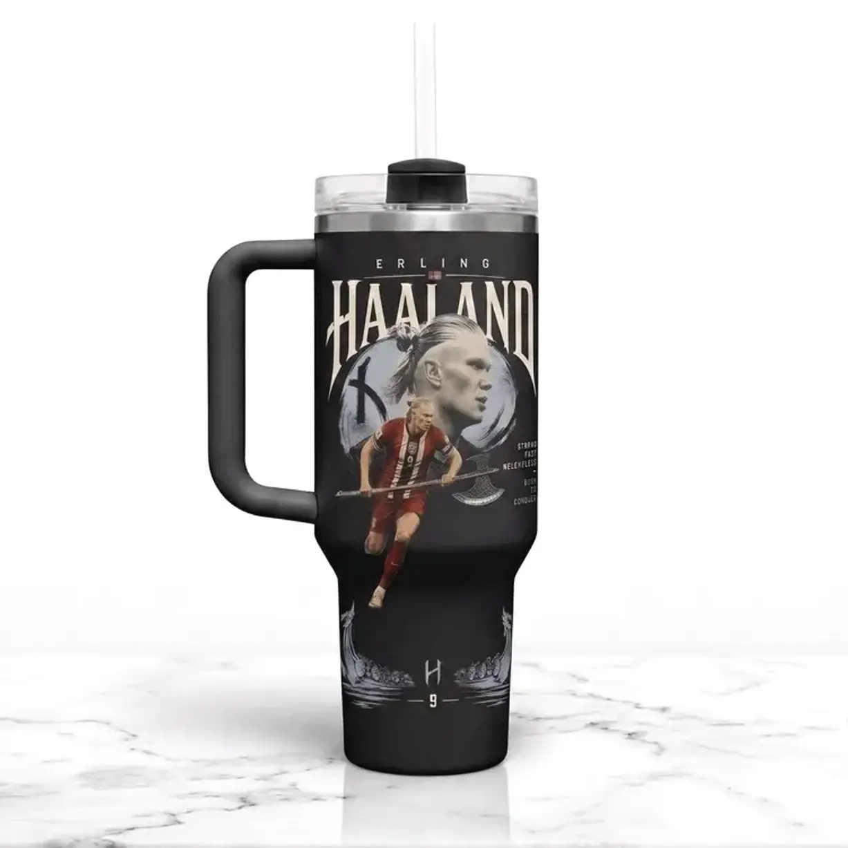 Haaland "Born to Conquer" 40oz Stainless Steel Tumbler – Football Legend Double Wall Insulated Travel Mug, Soccer Fan Gift Cup
