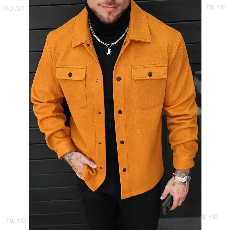 2025Men's Flap Pocket Stylish Vibrant Color Woolen Fabric Orange Shirt Jacket Men Men Shacket Burnt Orange Shirt Jacket Men