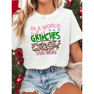 2026 New Boxy Fit Tee 100% Premium CottonWomen's  Inspired T-Shirt - In A World Full Of Grinches Be A Who Short Sleeve Round Neck Top - White With Pink Letters And Heart/Candy Cane Print - Lightweight Spring Summer Casual ChrisPre-shrunk Streetwear Basics