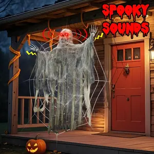 66" Halloween Animatronics Skeleton Ghost with Spider Web Hanging Decorations Sound Activated Flashing Red Eyes Scary Sounds for Porch Window Door Haunted House Party Decor Lightweight Linen