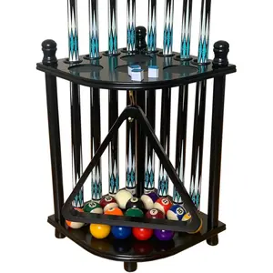 100% Solid Hardwood Corner Floor Pool Cue Rack - Holds 8 Cue Sticks & Billiard Accessories, With Ball Rack Hook, CUE RACK ONLY (Black)
