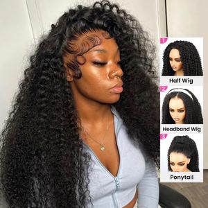 [Glueless 3 in 1 Half Wig] Deep Wave Flip Over Half Wig Human Hair Curly Flip Over Seamless Blend Edges Glueless Drawstring Headband Clip In Wigs for Women Ready to Go Wig Beginner Friendly for Black Women #SummerVibes