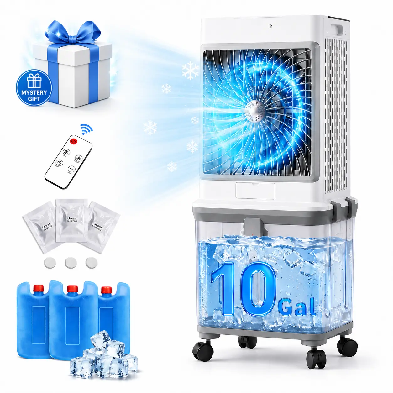 【DealsforYou】10-Gal Portable Evaporative Swamp Cooler with Upgraded Cooling Technology, 7-Hour Timer, Remote Control, Removable Water Tank, Free Aroma Diffuser Pad for House, Outdoor Camping