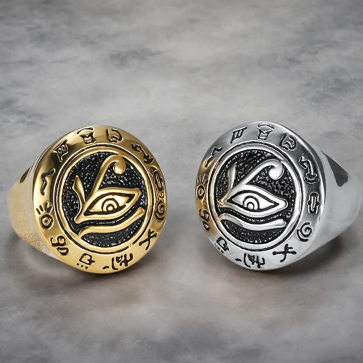 Men's Stainless Steel Geometric Stacking Spinner Ring Set - Retro Horus Eye Egyptian Text Design, Statement Multi Ring, Domineering Hip-Hop Fashion Accessory, Engagement-Worthy Holiday Gift for Couples, Spinner Rings