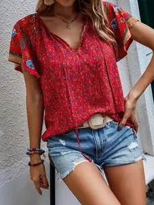 Women's Summer New Casual Ethnic Print Short Sleeve V-Neck Loose Shirt Blouse, Stylish Daily Wear Top for Women