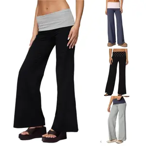 Women’s Fold Over Yoga Pants, Low Waist Contrast Color Wide Leg Flare Sweatpants