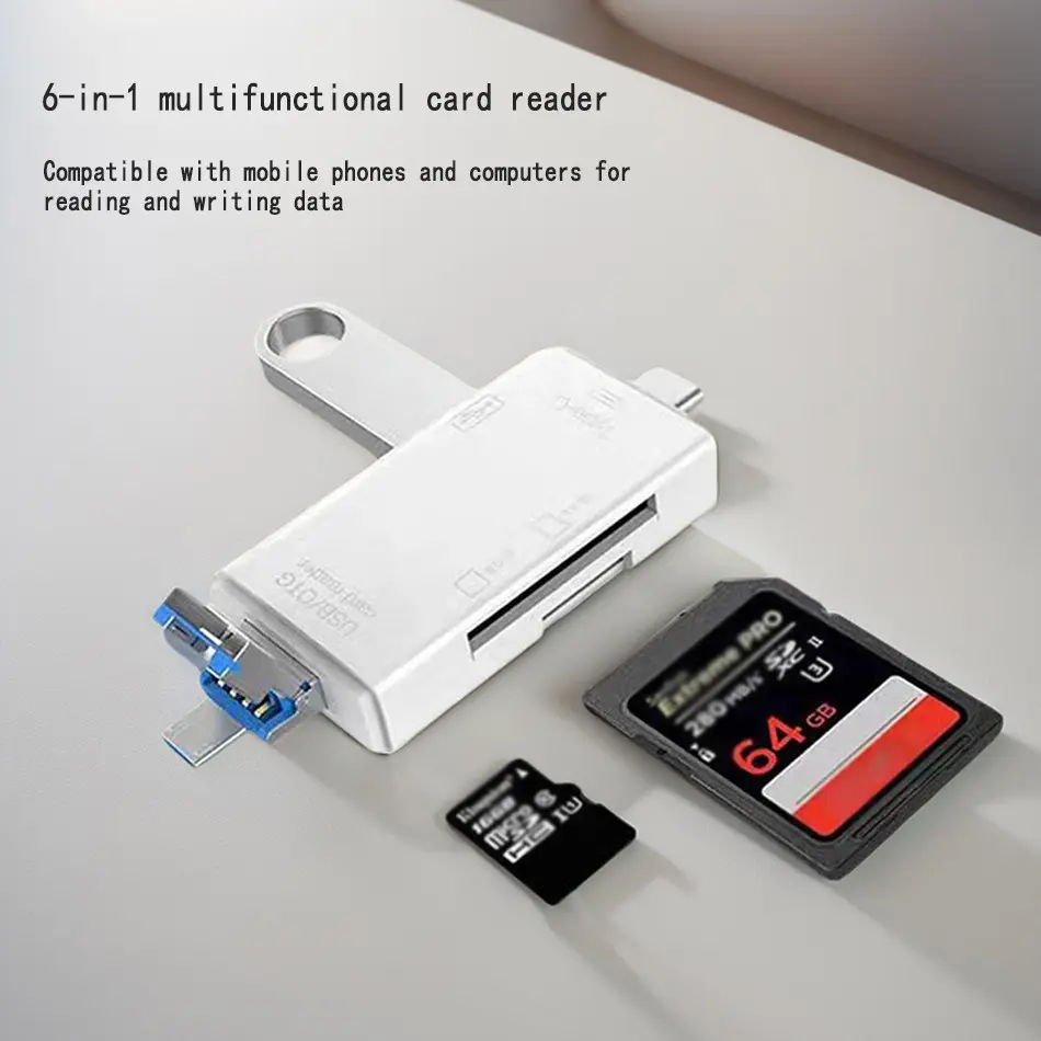 Multi functional six in one USB-C OTG card reader adapter, Memory Card Reader, high-speed data transfer, compatible with MAC, Android, USB-C devices, high-speed connection, can be matched with PCs, MacBook, Galaxy, tablets, etc