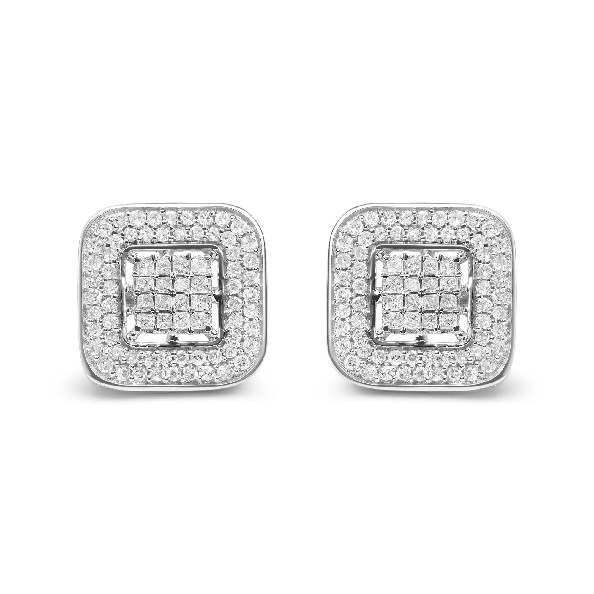 10K White Gold 1.0 Cttw Round and Princess Cut Diamond Composite Open Halo Stud Earrings (H-I Color, SI1-SI2 Clarity)