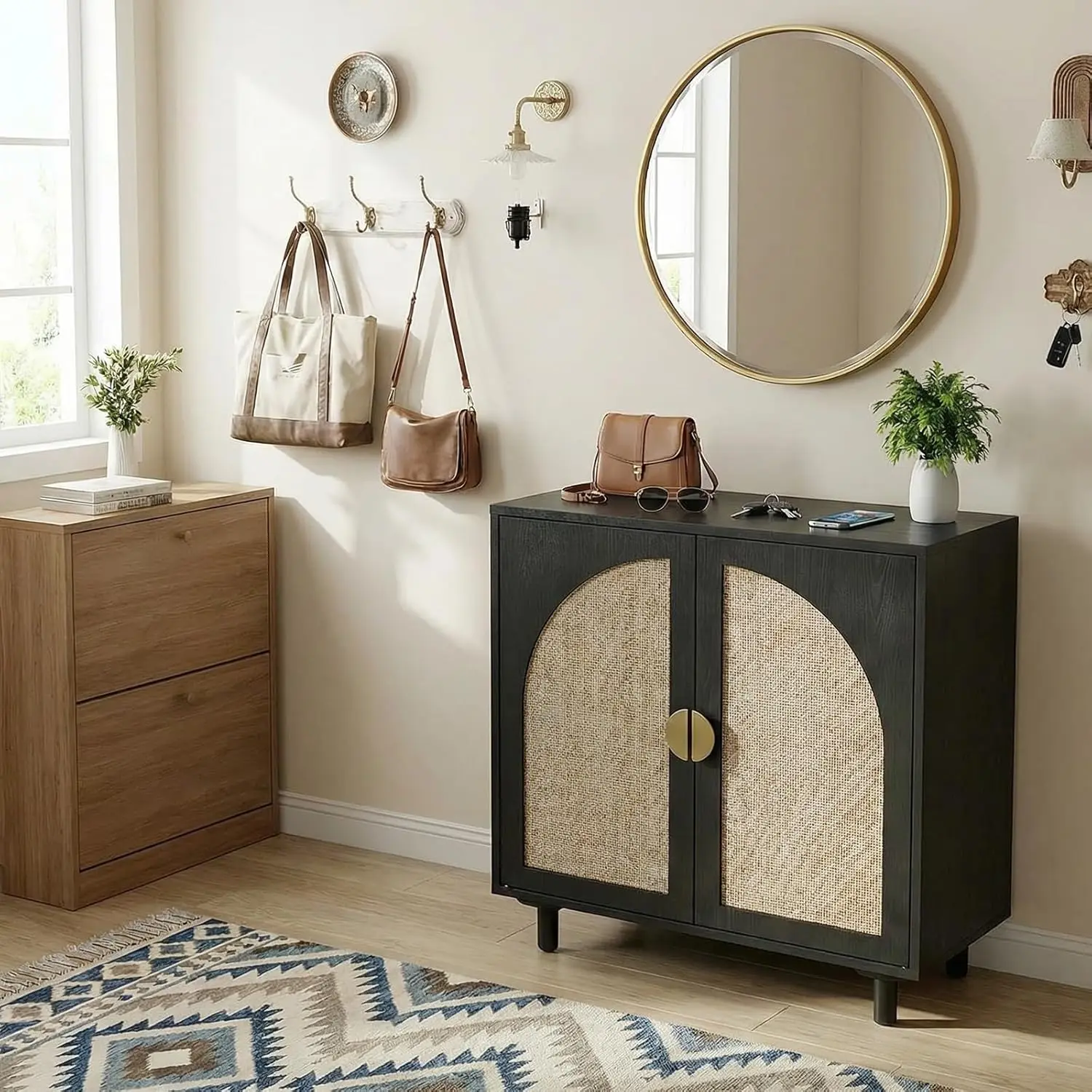 SZLIZCCC Sideboard Buffet Cabinet with Storage - Rattan 2 Door Cabinet, Accent Storage Cabinet with Wicker Door, Boho Wood Credenza for Living Room, Kitchen