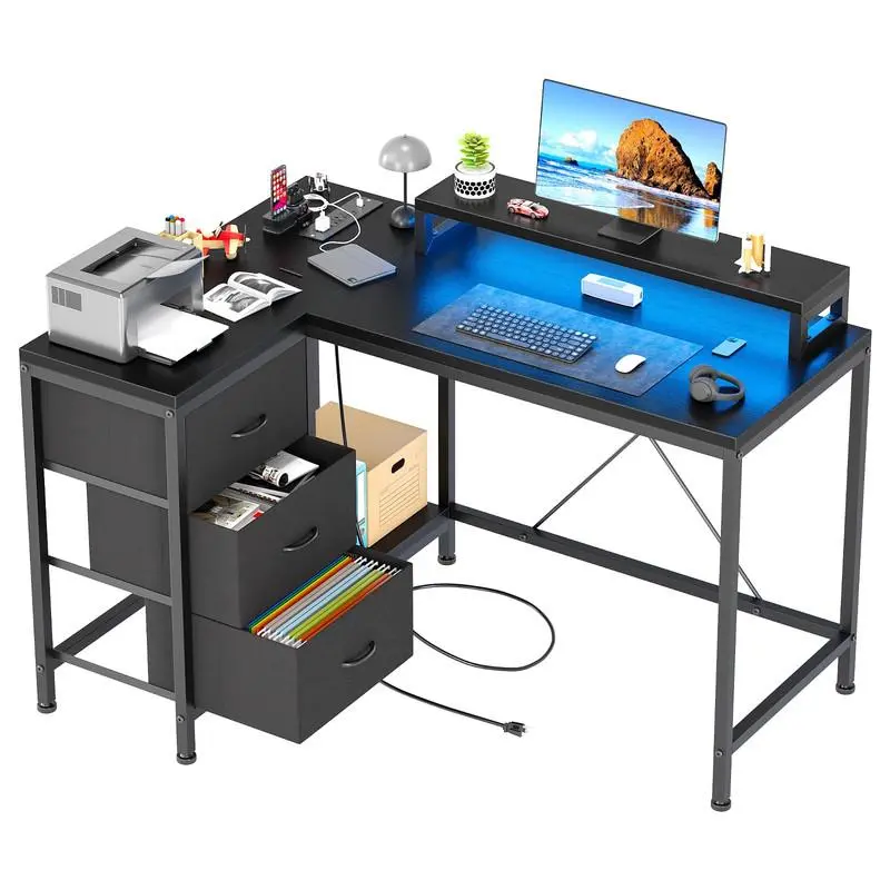 Black L Shaped Desk with Power Outlets & LED Lights, Computer Desk with Drawers & Shelves, Corner Desk Gaming Desk Home Office Desk