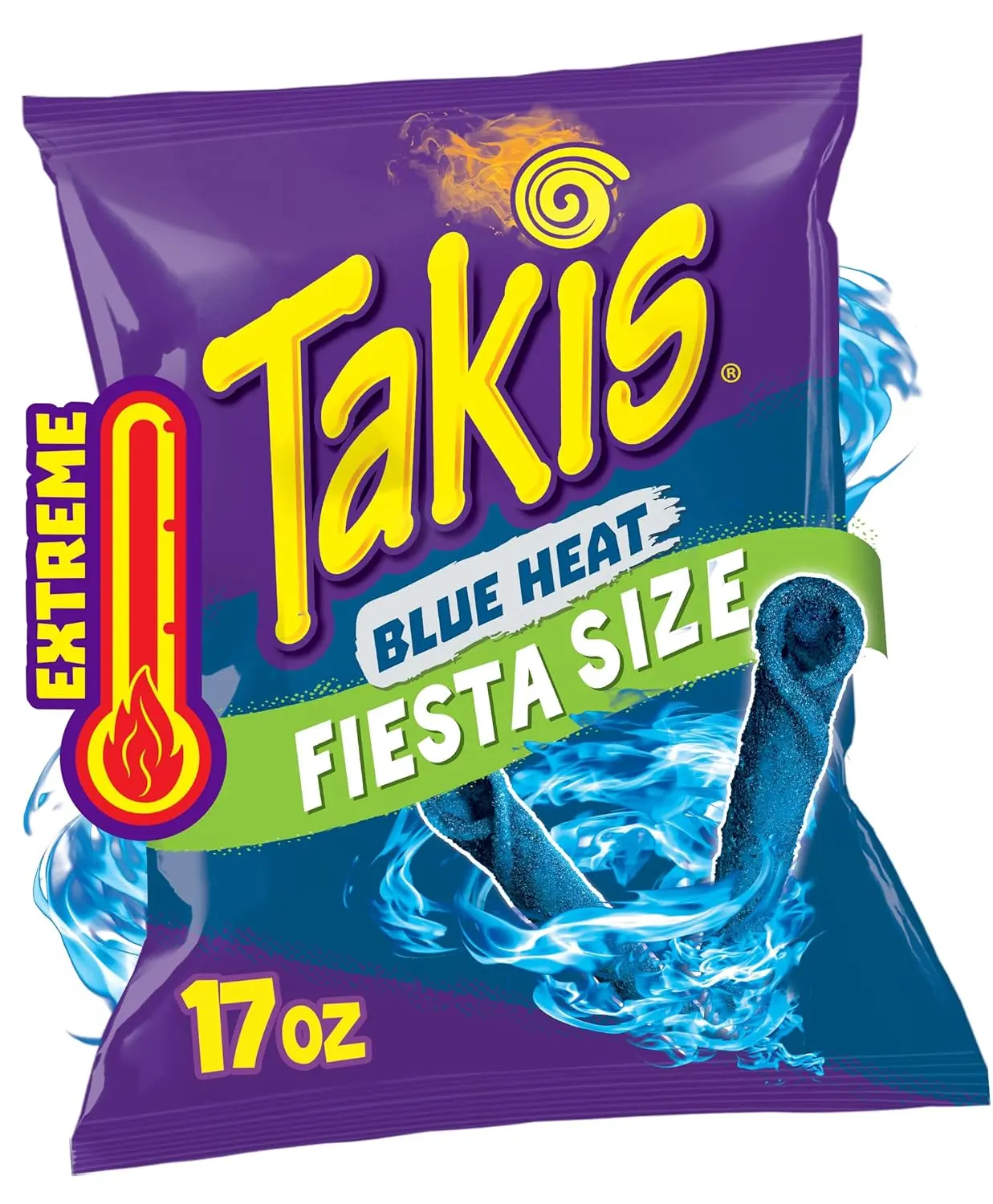 Takis Blue Heat 17 oz Fiesta Size Bag, Hot Chili Pepper Flavored Extreme Spicy Rolled Tortilla Chips Takis Blue Heat 17 oz Fiesta Size Bag, Hot Chili Pepper Flavored Extreme Spicy Rolled Tortilla Chips