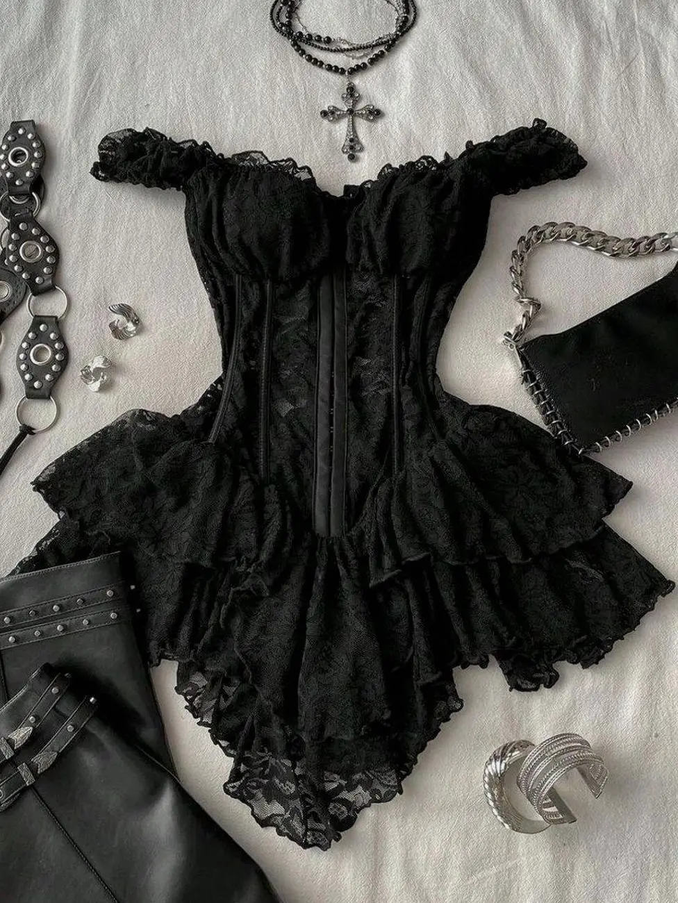 Attitoon Women's Black Summer Goth Corset Lace Bodycon Mini Dress,Vintage Y2K Asymmetrical Hem Elegant Party & Casual,Night Club Music Festival Outfits