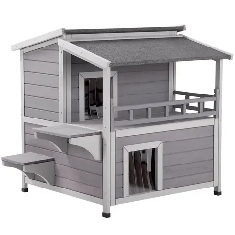 Aivituvin-AIR33 Solid Wooden Kitten House/Cat Enclosure - Indoor/Outdoor Pet Furniture with 2 Front Doors, Curtain Door Cover, 2 Jump Platforms, Large Balcony, 10.9 ft² Inner Space, Asphalt Rainproof Roof, Raised Base for Dry Clean Floor, Easy Cleaning,fa