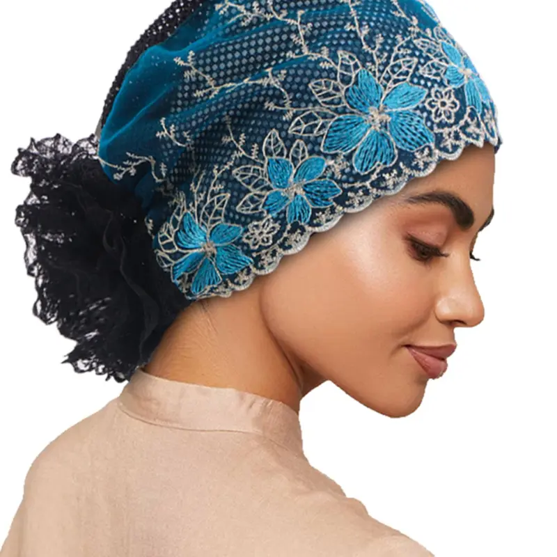 Muslim Lace Hollow Out Flower Headscarf Hat, Bottom Cap, Hijab Undercap, Shiny Silk Wraparound Hair Protection Cap, Stylish Accessory for Women