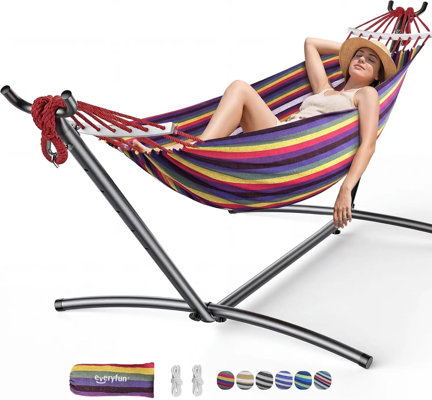 2-Person Heavy-Duty Cotton Double Hammock with Steel Stand, 600 lbs Capacity, Tool-Free 10-Min Assembly, Portable with Carrying Bag for Outdoor Patio