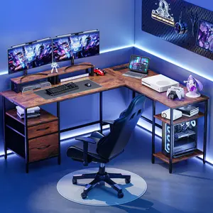 L Shaped Gaming Desk with Charging Station & 2 Monitor Stands, Computer Desk with Drawer & Adjustable Storage Shelves, Large Corner Desk for Home Office