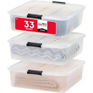 IRIS USA 33 Qt Plastic Under Bed Storage Organizer Bin Container with Secure Lids and Durable Black Buckles, 3-Pack, Multi-Purpose for Clothes Shoes Clothing Bedding, Short, Clear