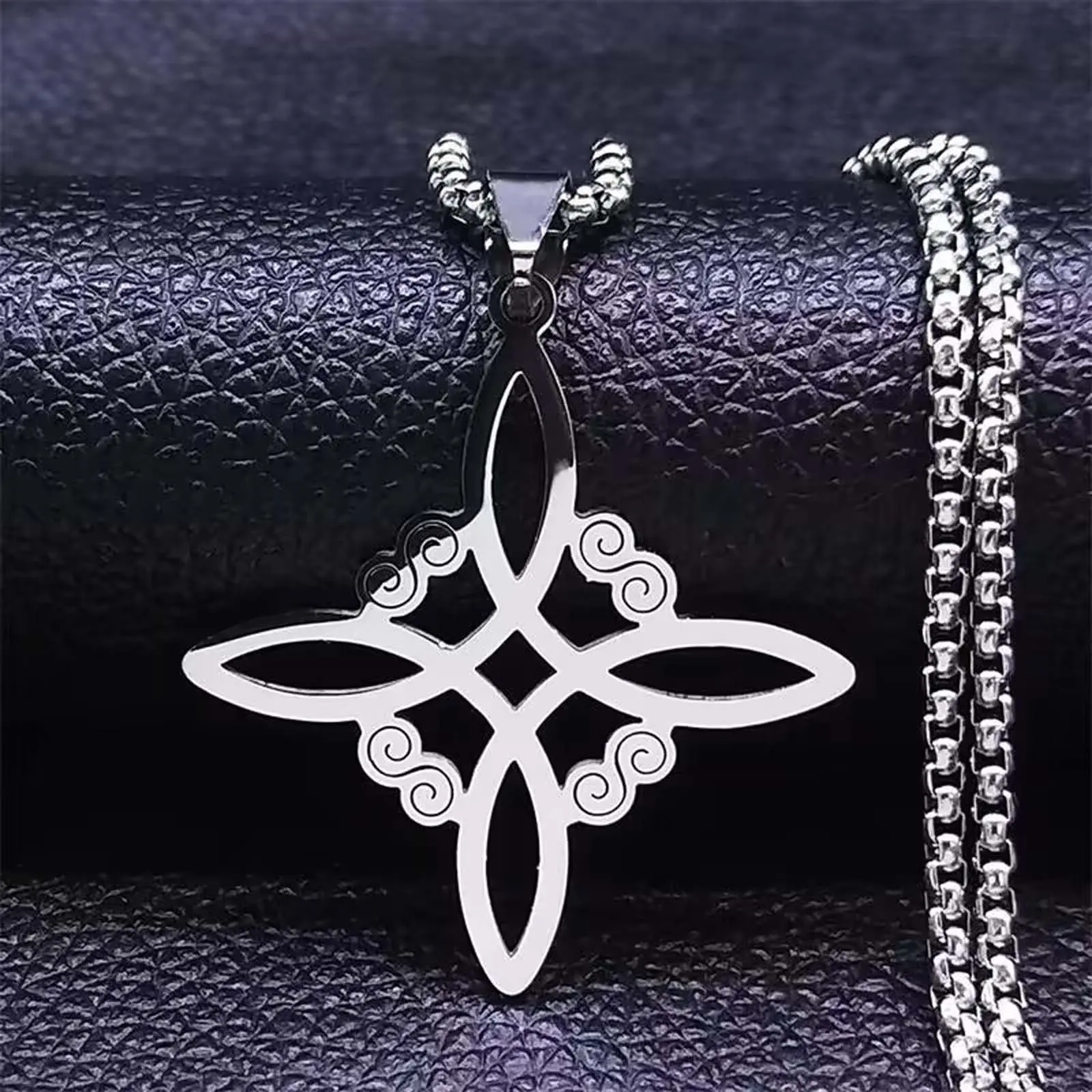 Unisex Gothic Cross Witch Knot Pendant Necklace, Square Hollow Stainless Steel Box Chain, Handmade Modern Casual Jewelry, Jewelry Gifts, Handmade Jewelry