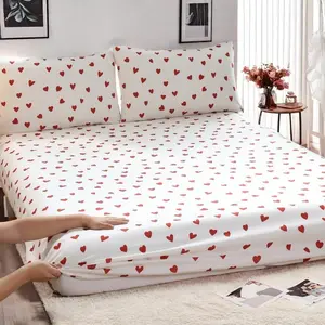 Heart Print Fitted Sheet Set, Including 1 Count Fitted Sheet & 2 Counts Pillowcase without Filler, Soft Comfortable Bedding Set for Home Bedroom, Decorative Bedsheet Sets