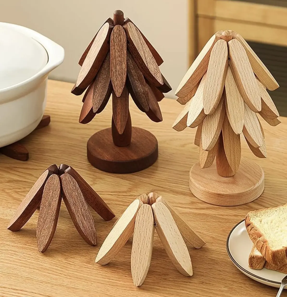 Thick Classic Foldable Wooden Trivets - Heat-Resistant Hot Pad for Tea, Coffee, Tableware - Stylish Space-Saving Decorative Coaster for Drinks, Hot Dishes - Kitchen Decor, Coasters For Drinks, Hot Dish Coasters