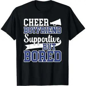Letter Print Round Neck Tee Cheer Boyfriend Supportive But Bored Cheerleader Boyfriend T-Shirt Breathable Fabric