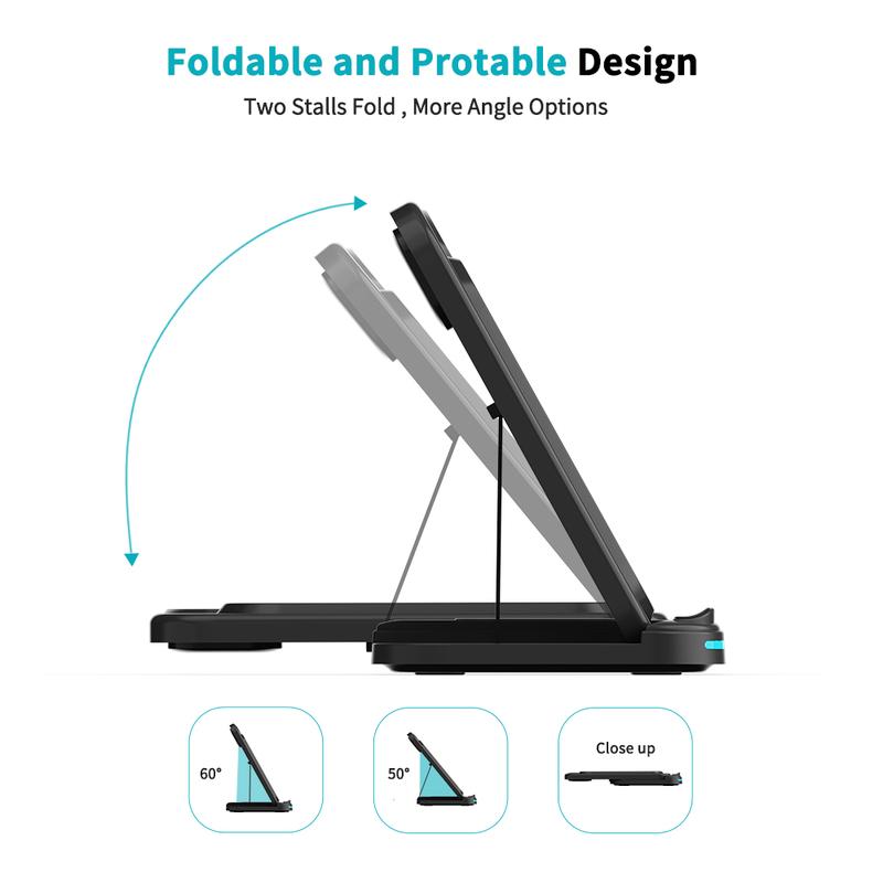 Folding 3-in-1 Wireless Charging Station 15W Fast Charger for IPhone 16-11, IWatch Ultra10-2/SE, AirPods 4-2/Pro, and Qi-compatible phones