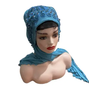 Beaded Embellished Veil in Soft Coral with Delicate Beads for Elegance and Style - Blue Hijab with Rhinestones