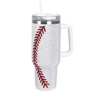 Cupcupmore 40 oz Baseball Bling Rhinestone Stainless Steel Sippy Tumbler Glitter Vacuum Insulated Thermal Water Bottle with Straw & Lid &Handle,Sparkle Car Cup Holder,Keeps Cold 12 Hours Drinks,Coffee